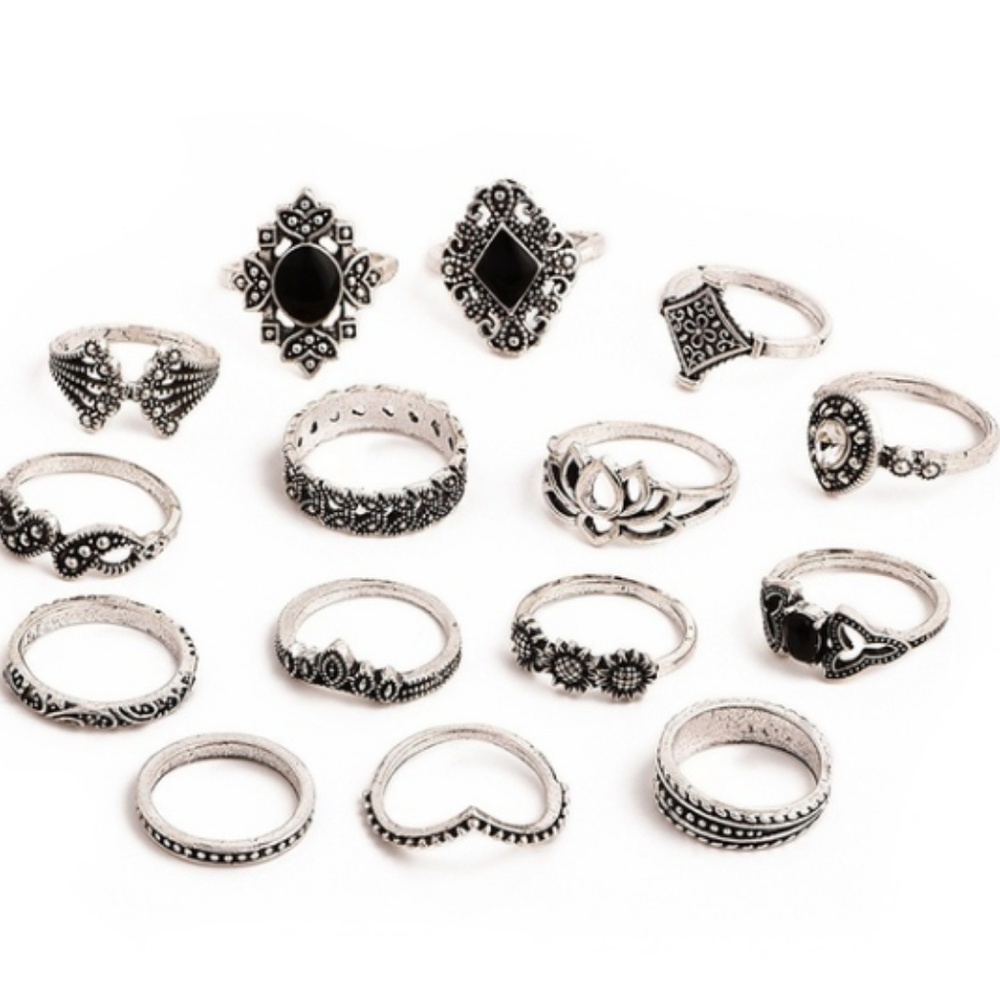 3 for $20  Set of 15 Silver Black Mixed Rings Set - Picture 3 of 3
